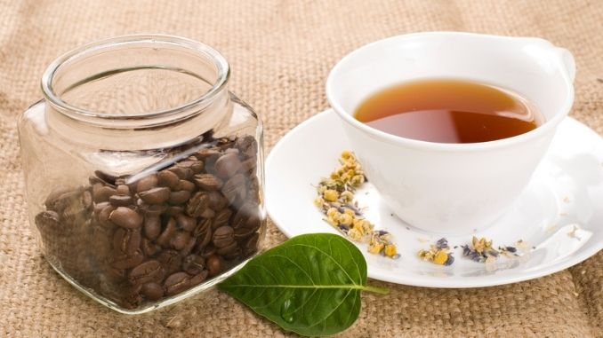 Tea, green leaf and glass coffee jar